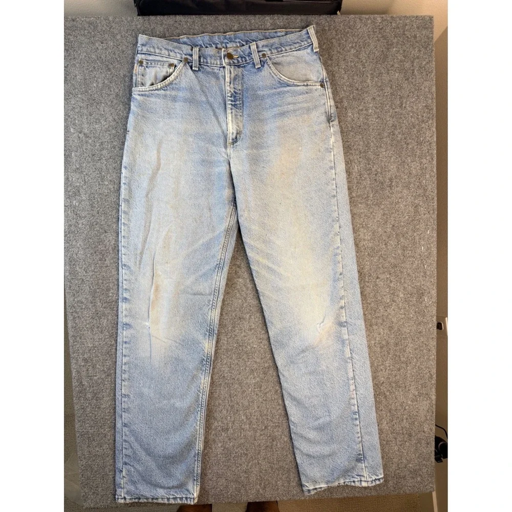 Vintage Carhartt 34x34 Light Wash Denim Jeans USA Made Workwear Straight Leg Men